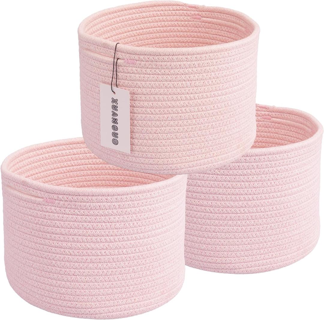 Woven Cotton Rope Storage Baskets - 3-Pack Round Bins (10x10x7'') for Shelves, Closets & Bookcases | Durable Rope Organizers for Nursery, Baby, Toys, Easter & More (Pink)