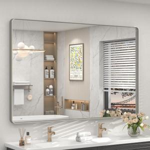 55x40 Silver Brushed Nickel Bathroom Mirror for Wall, Rounded Rectangle Silver Framed Bathroom Vanity Mirror, Anti-Rust, Shatterproof, Hangs Horizontally or Vertically