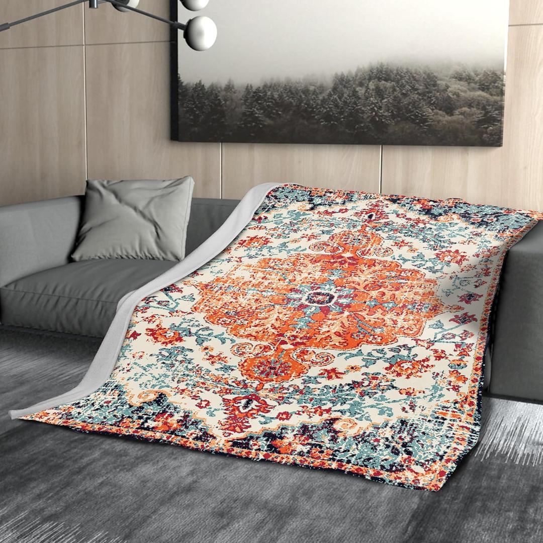 Orange Blue Boho Blanket Soft Flannel Lightweight Rust Teal Bohemian Throw Blanket Cozy Warm Vintage Aztec Carpet Blankets All Seasons Living Room Decor for Couch Chair Bed Sofa Office 60x80 inch