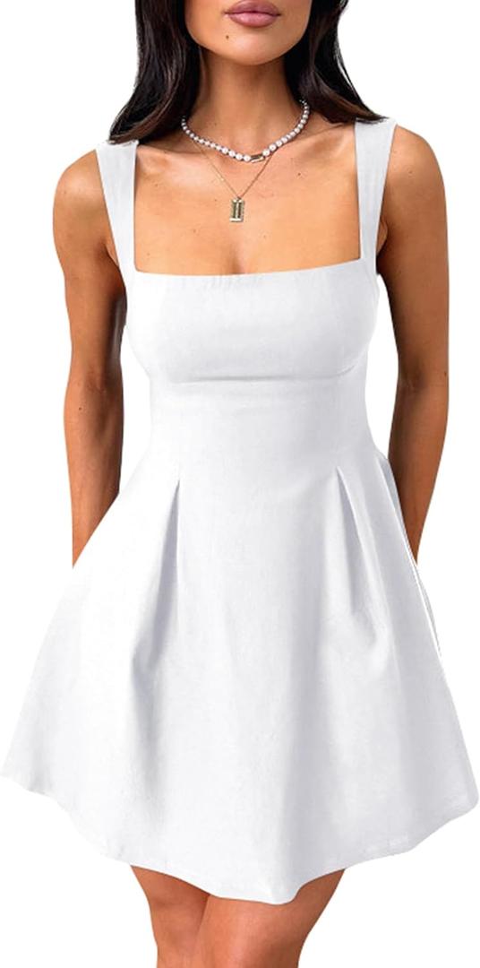 YMDUCH Women's Sexy Sleeveless Square Neck Adjustable Straps Bow Tie A-line Mini Party Club Dress, Large (White)