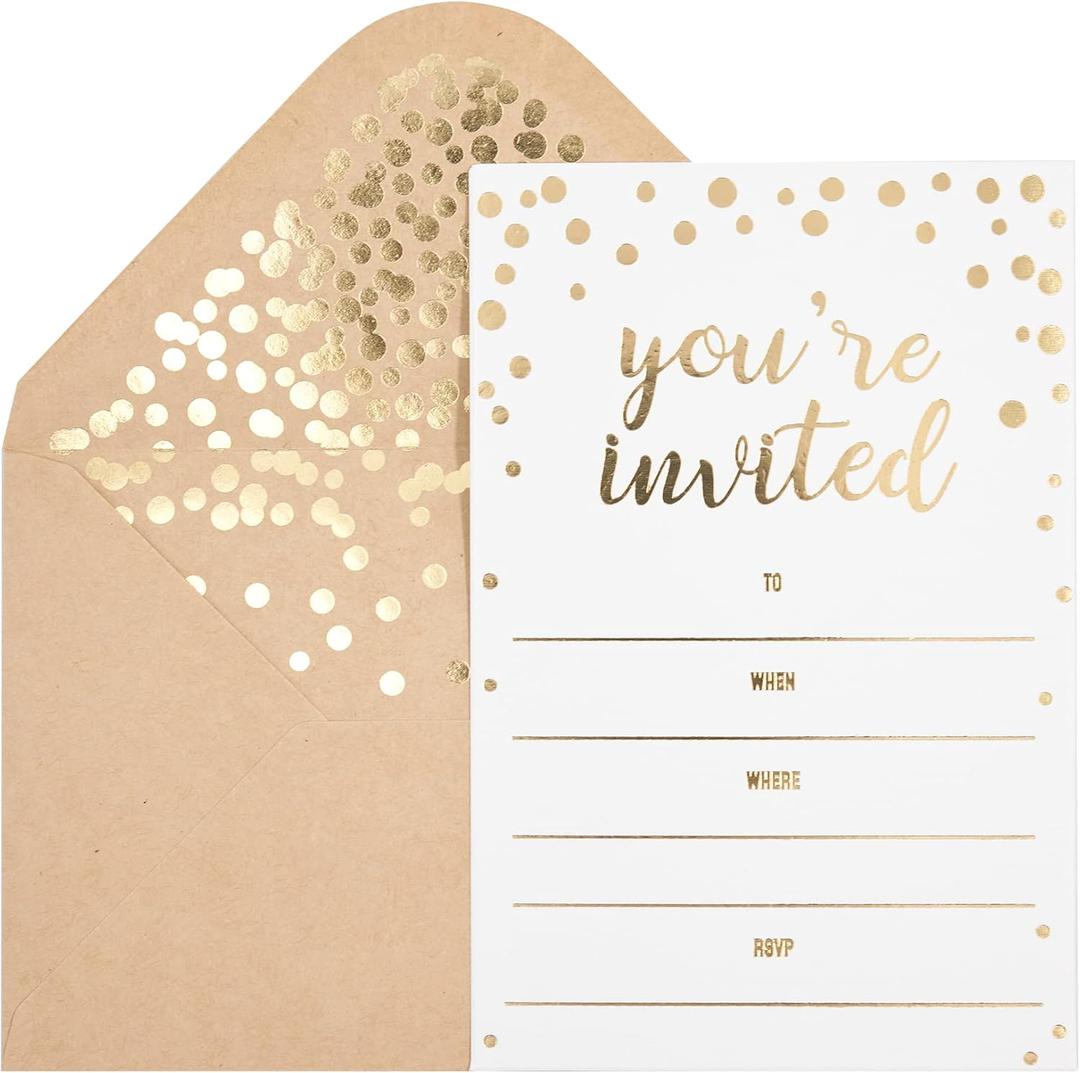 50 Pack Invitation Card - Elegant Greeting Cards You are Invited in Gold Foil Letters for Wedding, Bridal Shower, Baby Shower, Birthday Invitations - 52 Kraft Envelopes Included - 4" x 6"