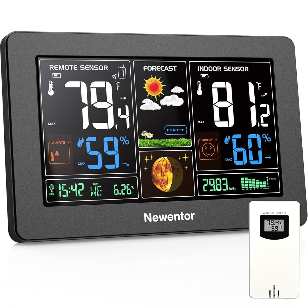 Newentor Weather Station Wireless Indoor Outdoor Thermometer, Color Display Digital Weather Thermometer with Atomic Clock, Barometric Pressure, Forecast Station with Adjustable Backlight, Black 