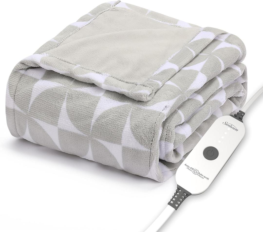 Sunbeam Royal Luxe Microplush Heated Throw Electric Blanket, 50" x 60", 4-Hour Auto Shut-Off, Fast Heating, Machine Washable, Warm and Cozy, Grey Geometric