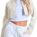Women's Cropped Jacket Casual Zip Up Long Sleeve Lapel Crop Tops Jackets Coat (Beige, M)