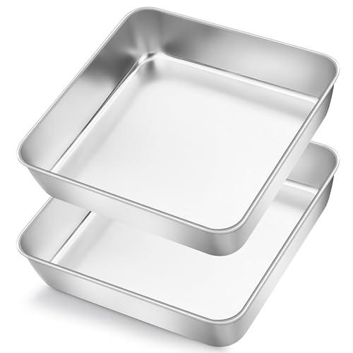 Herogo 8"x 8" Square Cake Pan, Stainless Steel Square Baking Pan, Cakes Brownie Lasagna Bakeware Set of 2, Healthy & Dishwasher Safe