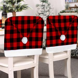 FOIMAS Christmas Santa Hat Chair Covers,4pcs Buffalo Plaid Christmas Dining Chair Back Slipcover for Christmas Kitchen Home Decoration Supply