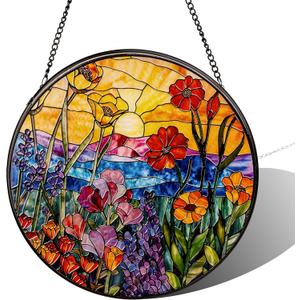 Stained Glass Sun Catcher, Wild Flowers Stained Glass Window Hanging Garden Decor, Sun Catchers Indoor Window, Whimsical Decoration for Home Backyard Patio Lawn Porch with 9.8 Inch
