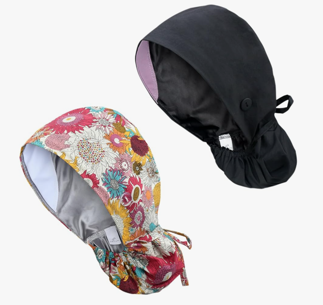 Adjustable Cotton Scrub Cap with Button, Cotton-Lined Working Cap Sweatband, Elastic Bandage Tie Back One Size