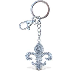 Aqua79 Fleur De Lis Keychain - Silver 3D Sparkling Charm Rhinestones Fashionable Stylish Metal Alloy Durable Key Ring Bling Crystal Jewelry Accessory with Clasp