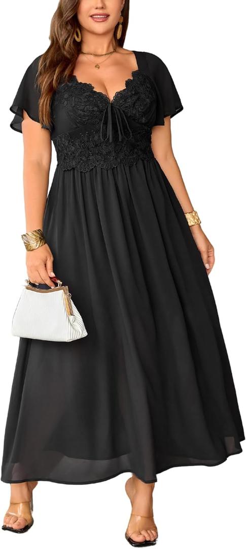 EYWOL Women's Plus Size Formal Dress Lace Chiffon Maxi Dress,Open Back Cocktail Dress for Wedding Guest,Party,Gala Events (Black, M)