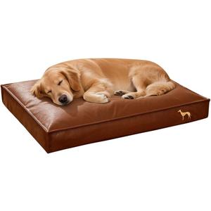 Orthopedic Dog Bed for Medium Large Dogs, PU Leather Waterproof Chew-Resistant Wipeable, 4" Dual-Layer Support, Non-Slip, Removable Washable Cover, 35.4"27.6"4" Brown