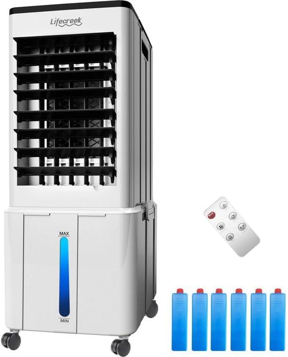Lifecreek Portable Air Conditioner, 3-IN-1 Evaporative Air Cooler w/3.2Gal Tank, 4 Modes & 3 Speeds, 12H Timer, 6 Ice Packs, Remote Control, Windowless Swamp Cooler for Bedroom,Home-White