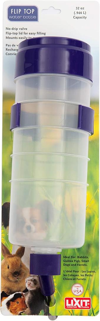 Lixit Lever Valve Top Fill No Drip Water Bottles for Rabbits, Chinchillas, Ferrets, Guinea Pigs and Adult Rats (32oz)