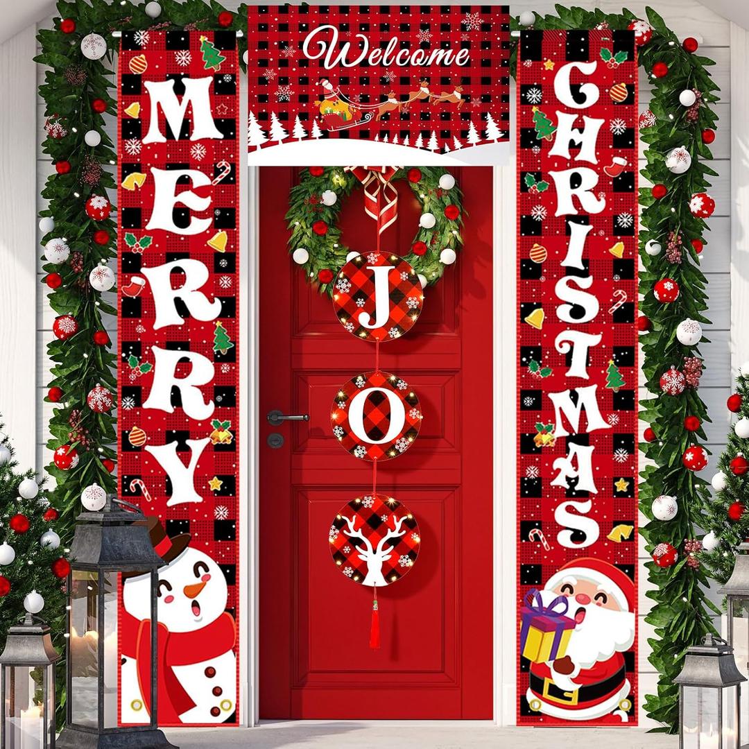 Moukeren 4 Pcs Christmas Decorations Outside for Front Door Rustic Merry Christmas Banner Porch Door Sign Red Black Buffalo Plaid Welcome Banner Joy Hanging Sign for Wall Yard Garage Indoor Outdoor