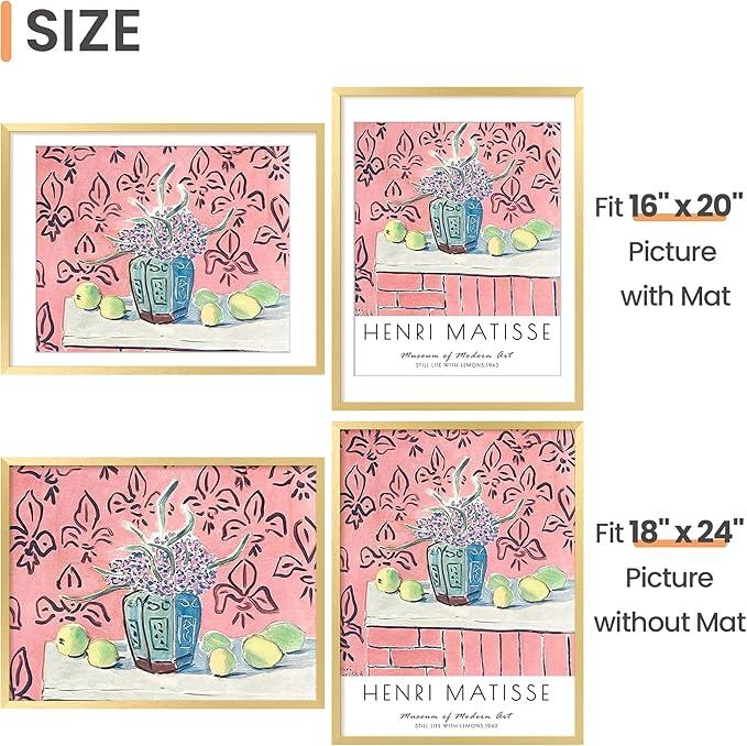 upsimples 18x24 Picture Frame, Display Pictures 16x20 with Mat or 18 x 24 Without, Wall Hanging Poster Frames, Gold, 1 Pack