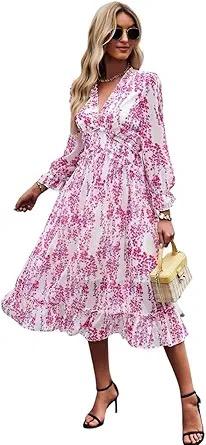 Women's 2024 Midi Dress Long Sleeve Floral Frill Trim Flounce Sleeve Ruffle Hem Dress, Size L