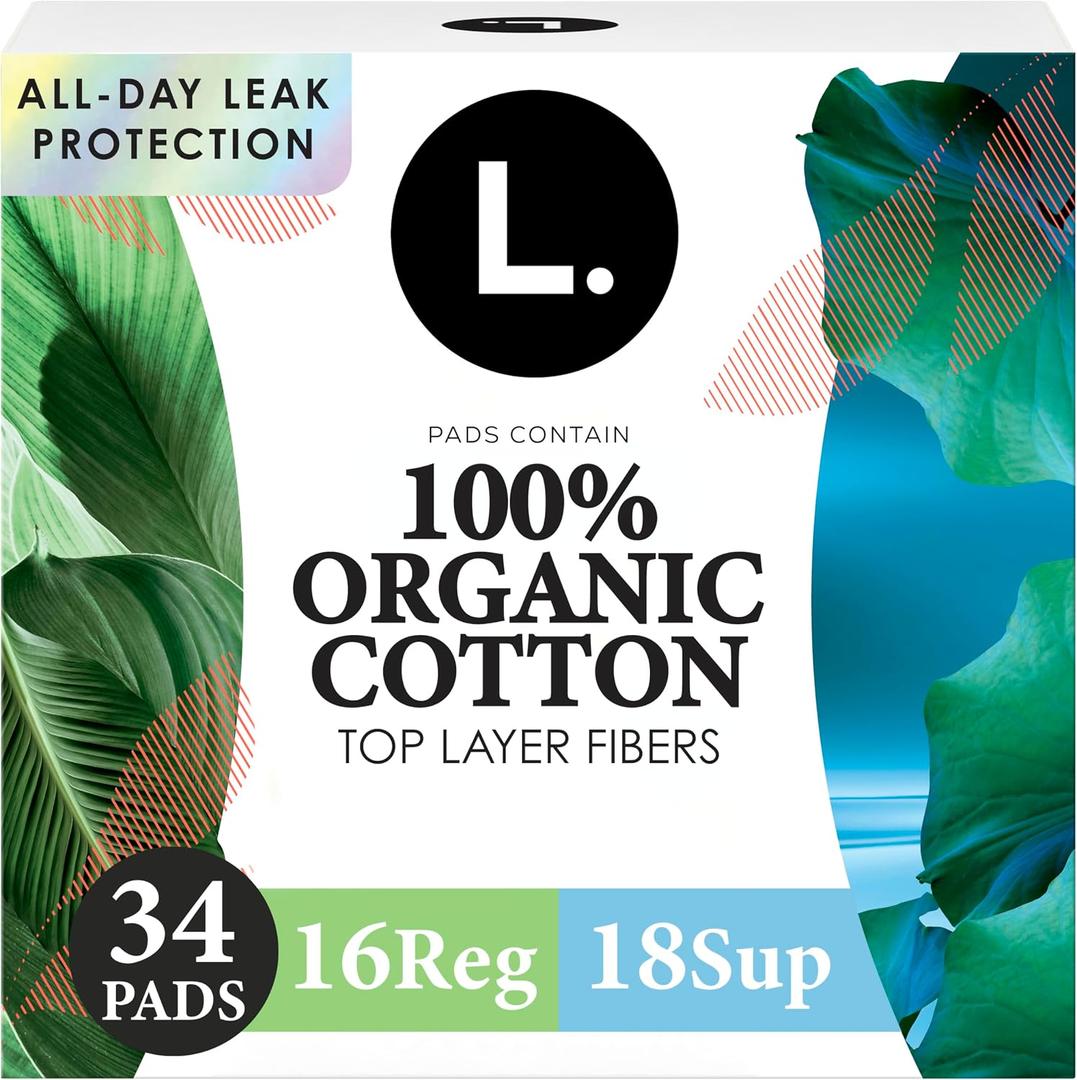 L. Ultra Thin Pads for Women, Organic Cotton Top Layer, Regular + Super Duo Pack Absorbency, Menstrual Pads with Wings, Made Without Synthetic Pesticides and Fragrances, 34 Count