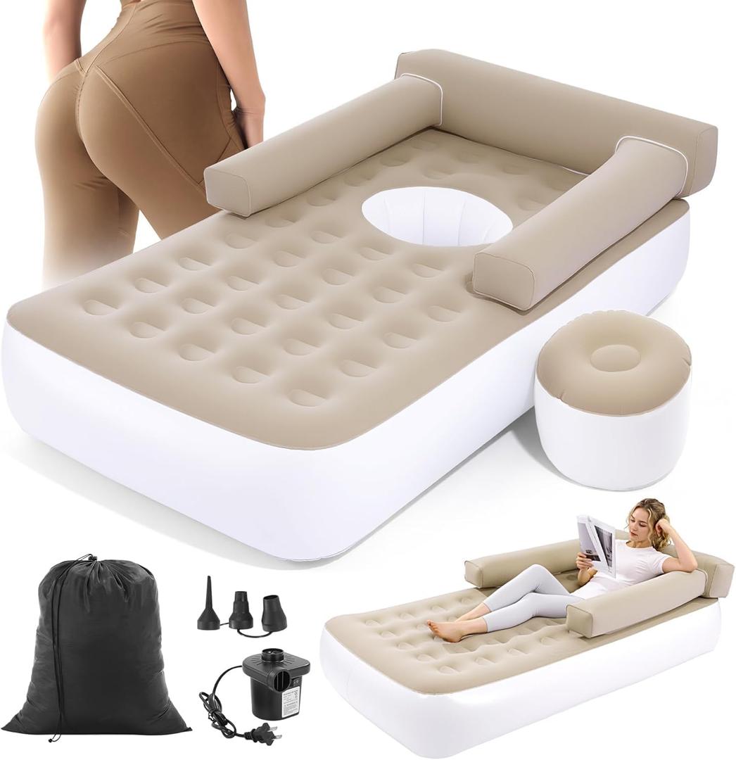 HOMBYS Inflatable BBL Recovery Bed with Built-in Hole, Backrest & Armrests, 12.5" Thick Elevated Air Mattress for Post-Surgery Sleeping Comfort, Includes Pump