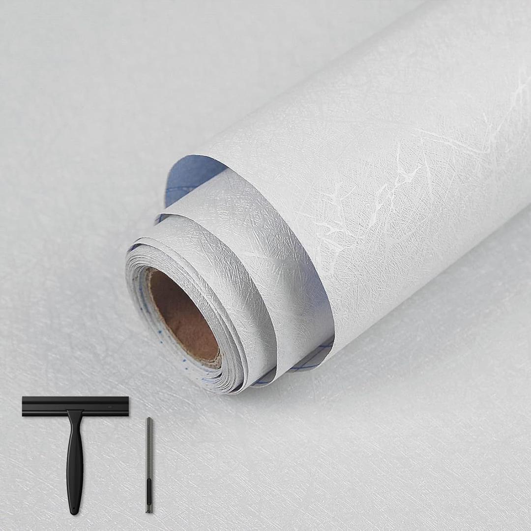 Abyssaly White Wallpaper Peel and Stick 15.7" x 393.7" Silk Embossed White Contact Paper for Cabinets Removable Self Adhesive Textured Wallpaper Covering for Bedroom with Scraper, Paper Cutter