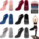 6 Pairs Non Slip Yoga Crew Socks with Grippers for Women | Grips, Anti-Skid Grippy Button, Clasped Straps, Pilates Fitness Exercise Dance Ballet Barre Workout Barefoot