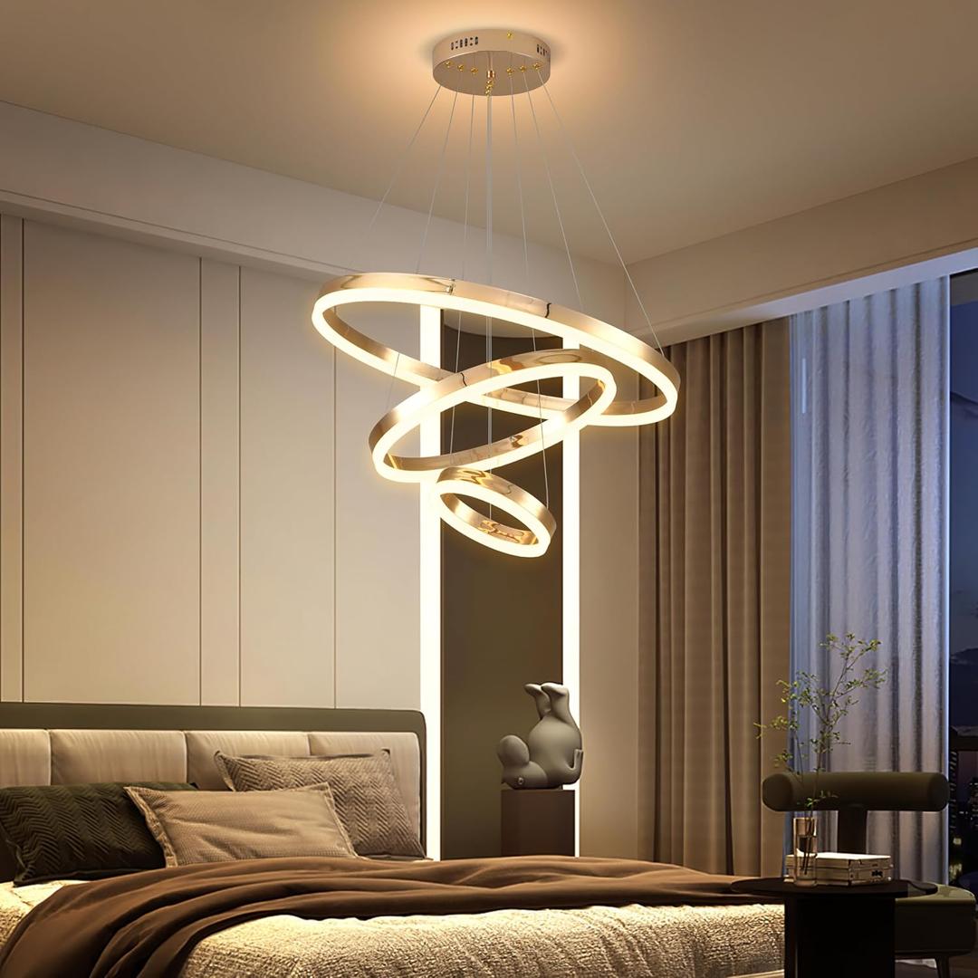 Gold Led Chandelier 3 Rings Dimmable Light Fixture for Kitchen Over Table Height Adjustable Modern Pendant Light for Dining Room Living Room Bedroom Foyer, 3Ring-23.6"
