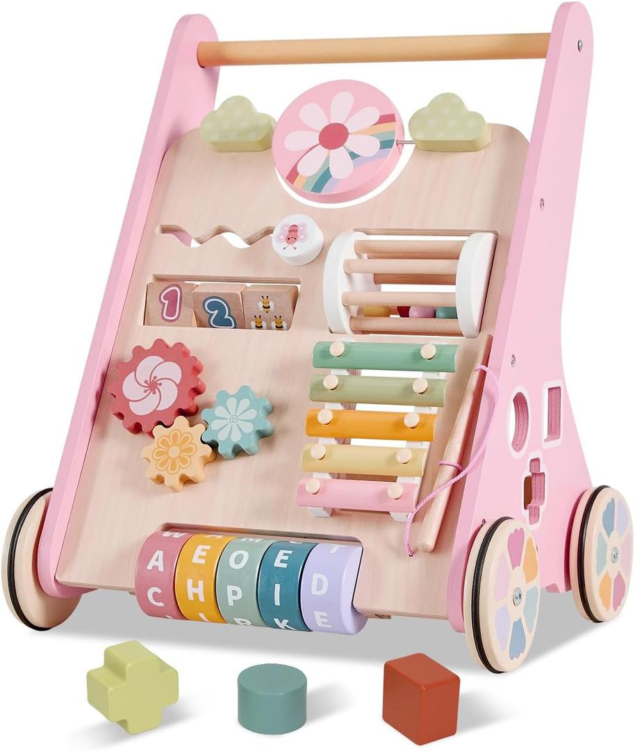 Wooden Baby Walker, Baby Push Walker, Montessori Toddler Walker Toy, Push and Pull Learning Activity Walkers, Baby Walker with Wheels for Boys&Girls 1 Year Old, Christmas Birthday Gifts for Toddler