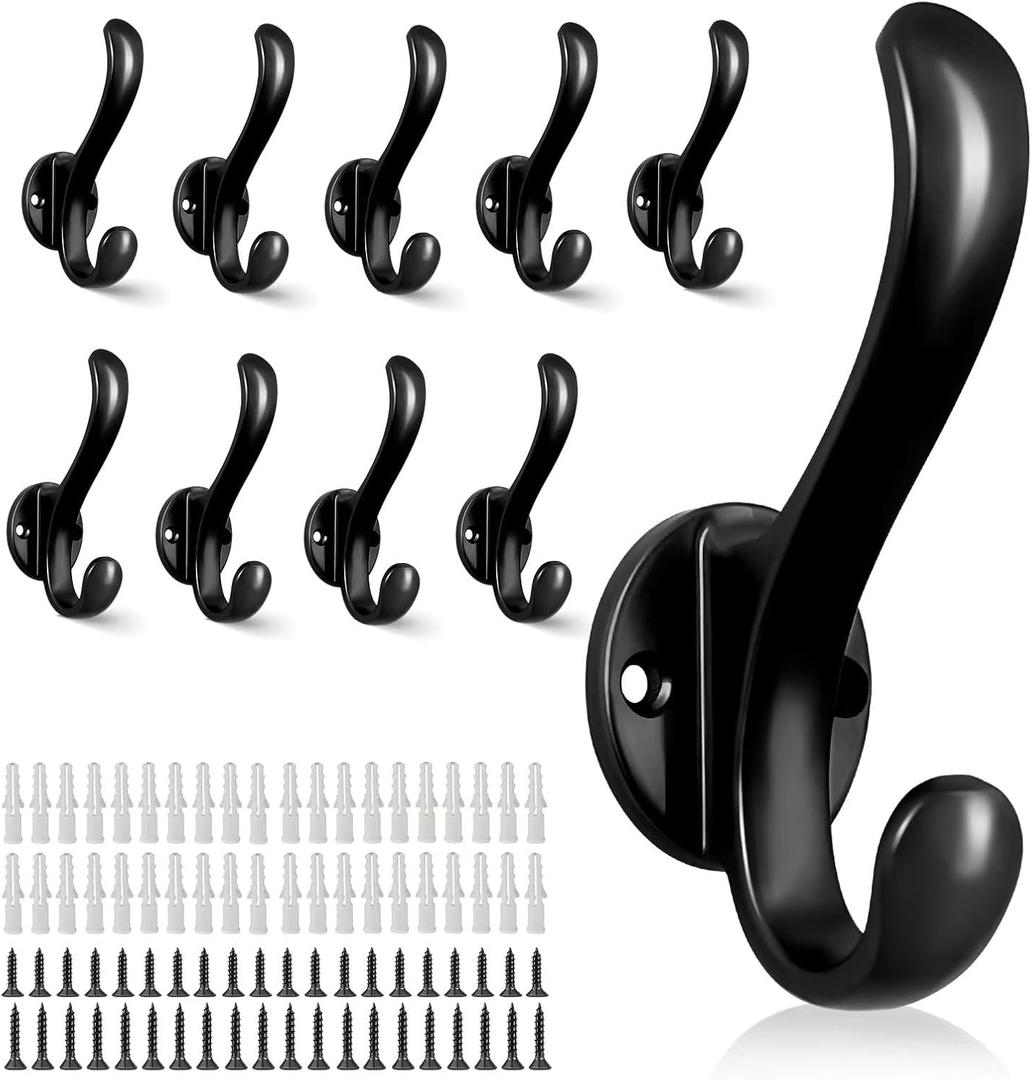 10 Pack Coat Hooks Wall Mount Heavy Duty Utility Retro Double Hooks for Hanging Coats, Hat, Towel, Key, Robe, Scarf, Bag, Cap (Black)