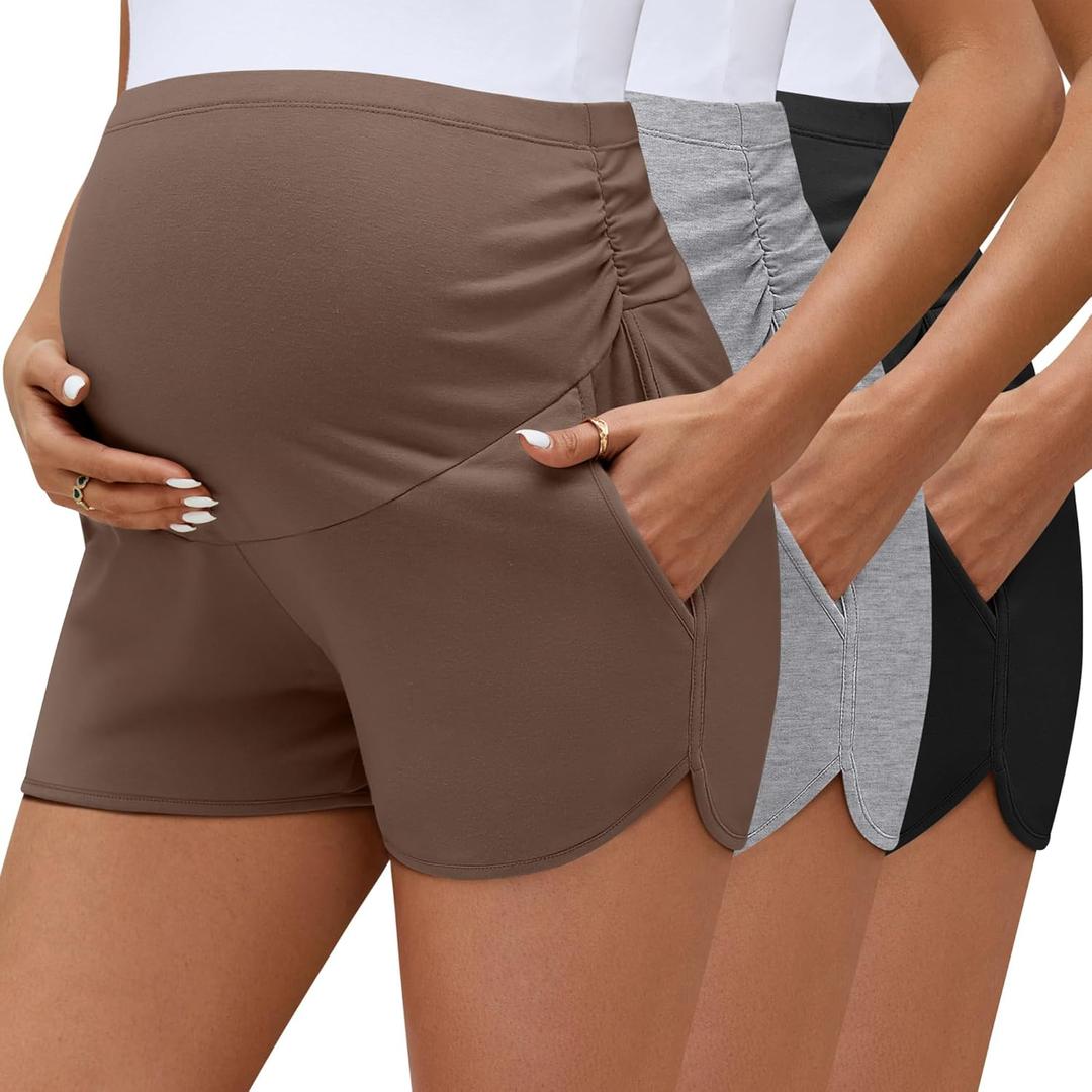 3 Pack Women's Maternity Biker Shorts Pregnancy Shorts Pocket Cotton High Waisted Over Belly Running Athletic Bottom (Medium, Brown, Light Gray, Black)
