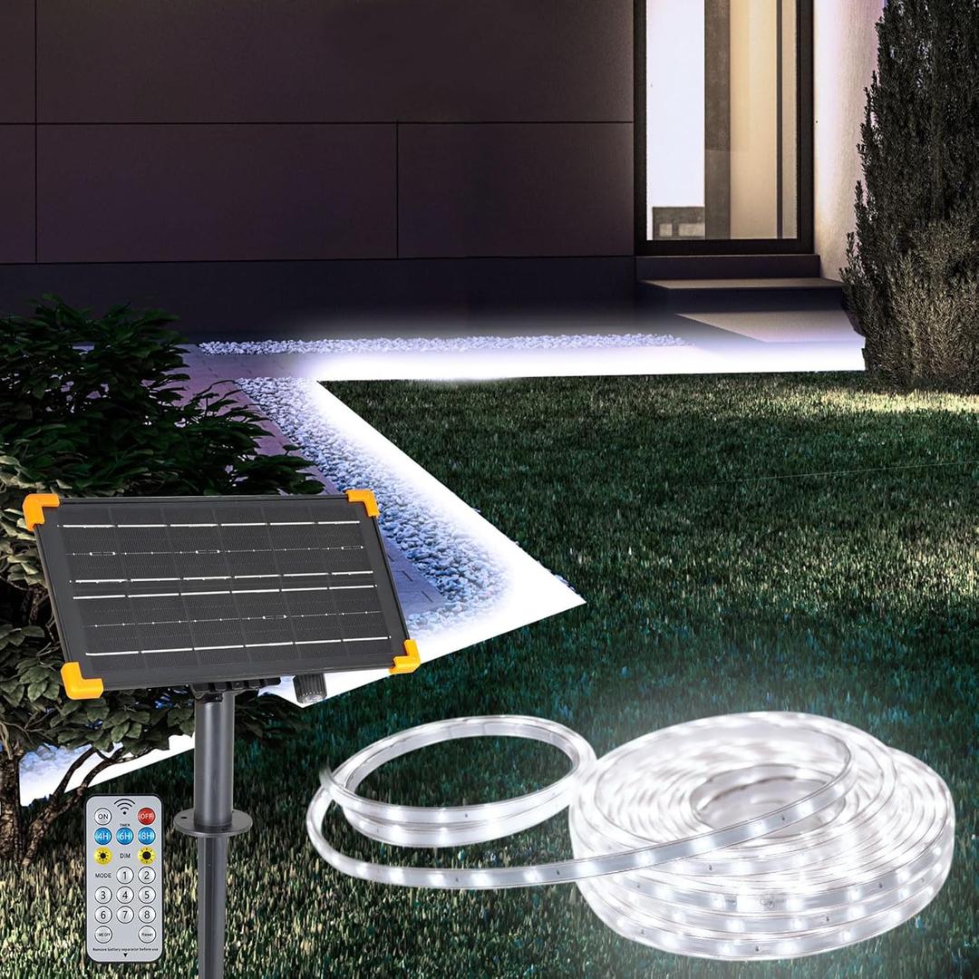 50Ft Solar LED Strip Lights Outdoor, Large Capacity Solar Powered Flexible Tape Lights with Remote Dimmable 8 Lighting Modes for Patio Pool Camping Decor, 6000K Cool White