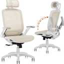 GABRYLLY Ergonomic Office Chair, High Back Home Desk Chair with Headrest, Flip-Up Arms, 90-120 Tilt Lock and Wide Cushion, 300LBS Mesh Chairs for Man Woman, White Task Chair(Beige,GY01WBG)
