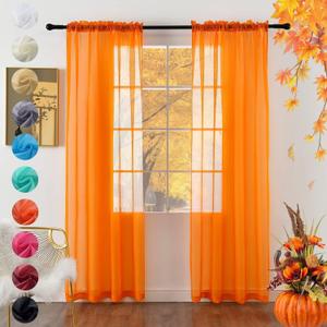 youleyar Solid Sheer Rod Pocket Curtain Voile Draperies 2 Panels White Beige Orange Grey Coffee 60 Inch Width 108 Inch Long 1 Pair for Kitchen Bedroom Children Living Room Yard(Orange,60W108L)