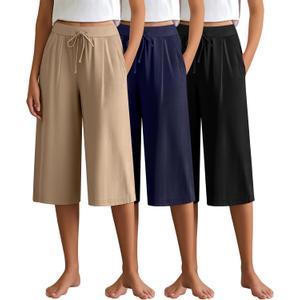 3 Pack Women's Capri Pants, Casual Wide Leg Yoga Pants High Waist Drawstring Cropped Lounge Trousers with Pockets (X-Large, Black, Navy, Khaki)