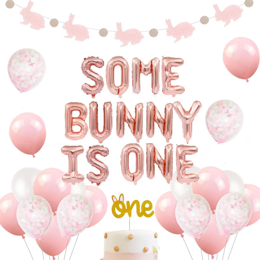 Some Bunny is One Theme Birthday Party Decorations Pink Rabbit For Girls Birthday Party Decoration Supplies Balloons Bunny Garland