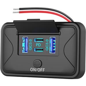 78W 4 Port 12V USB Outlet Wall Mount, Dual 36W PD & Dual 18W QC3.0 Lightweight Surface Mount Charger Socket Panel with Button Switch for Bus RV Truck Marine Golf Cart