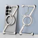 Z Metal Case for Samsung Galaxy S25 Ultra Frameless Aluminum Alloy Bumper with Magnetic Kickstand, Minimalist Shockproof Hard Cool Cover with 360Rotating Ring Holder Stand for Men, Natural