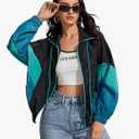 SweatyRocks Women's Lightweight Windbreaker Patchwork Zipper Sport Jacket Coat Outerwear Large