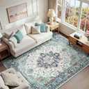 Area Rugs 6'x9' Washable Non-Slip, Floral Vintage Distress Print Pattern Medallion Carpet for Living Room Bedroom Dining Room, Green Navy Blue White Red Teal Colorful