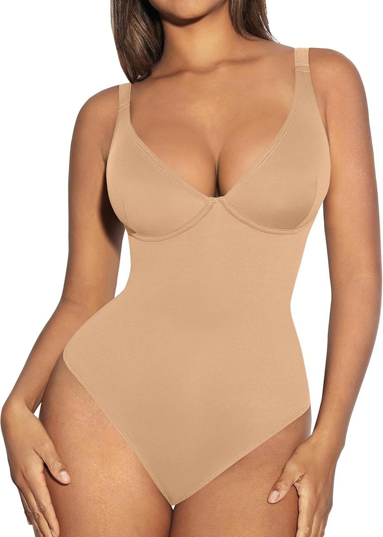 FeelinGirl Shapewear Bodysuits for Women Tummy Control Body Suits Deep V Neck Thong Body Shaper (Small, Clay)