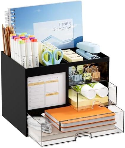 Marbrasse Desk Organizer with 3 Drawer, Multi-Functional Pencil Pen Holder for Desk, Desk Organizers and Accessories with 4 Compartments, Desktop Organizer Storage for Office Home Art Supplies (Black)