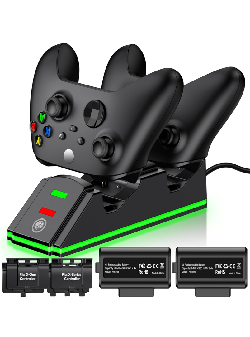 Xbox Controller Charger Station with 2 Packs 4320mWh Rechargeable Battery for Xbox Series X/S/One/Elite Controller, Dual Charging Dock with Cool Dynamic Light, 4 Packs Covers