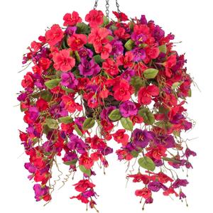 Artificial Fake Hibiscus Hanging Flowers Baskets for Outdoor Decoration, Faux Plants Silk Hibiscus Long Vines in Planter UV Resistant Realistic Flowers for Outside Porch Patio Home Decor, RedPurple