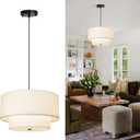 18" Drum Fabric Pendant Light, Large Modern Hanging Ceiling Chandelier Fixture with Dual Layer Fabric Shade, Ideal for Dining Room, Living Room, Bedroom, and Kitchen, Beige 