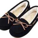 Vonair Women's Moccasin Slippers Micro Suede Warm Faux Fur Pile Lined Lace-Up Cozy Bow Indoor & Outdoor Moccasins Slip On Loafers Shoes for Women (8, Black)