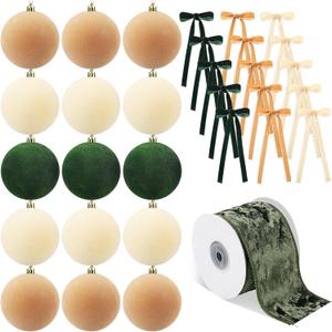 Syhood 15 Pcs 3.15" Christmas Velvet Balls Ornaments with 30 Flocked Bows 1 Vintage Ribbon Velvet Neutral Christmas Tree Decoration for Xmas Holiday Decor(Green/Khaki/White)