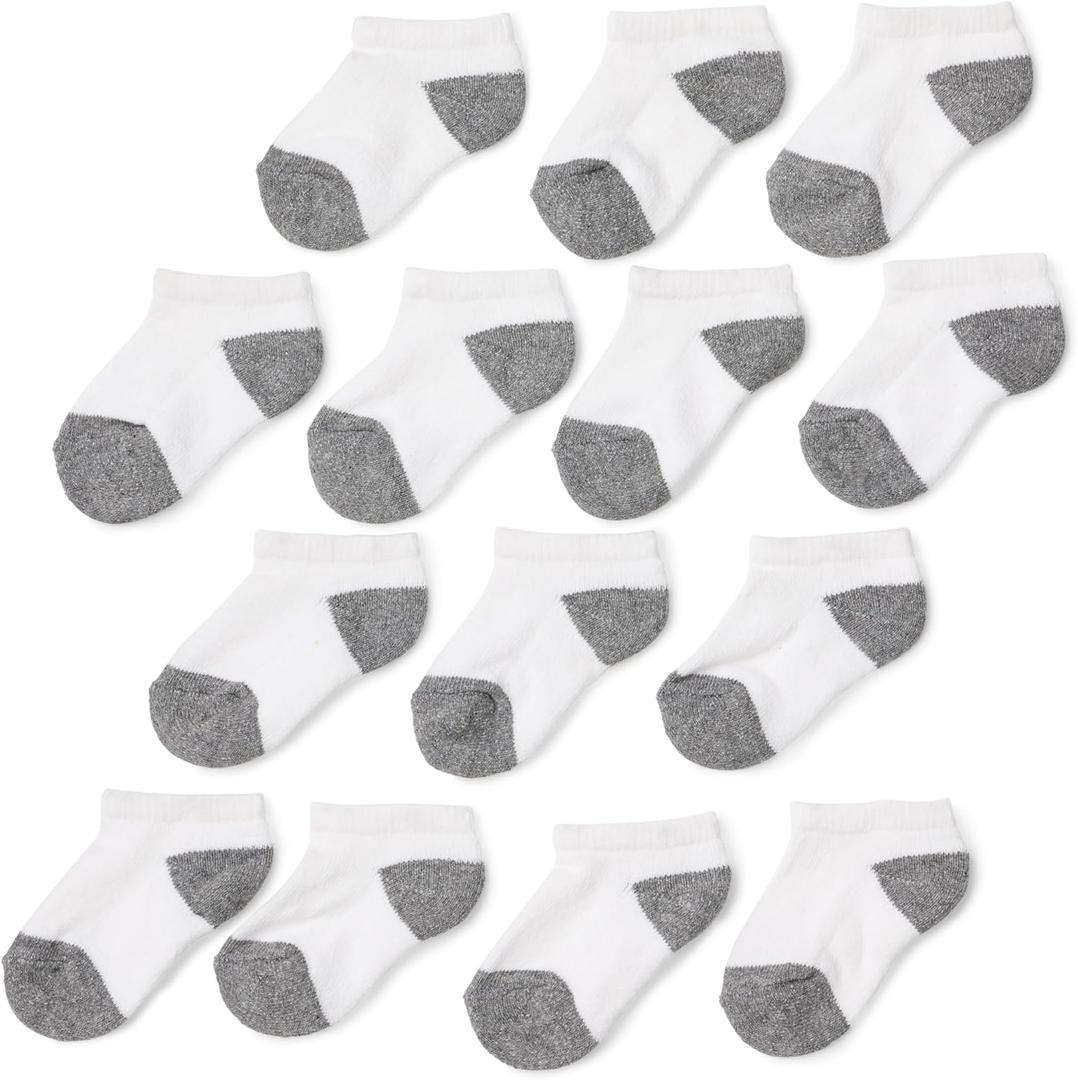 Amazon Essentials Unisex Toddlers' Cotton Low Cut Cushioned Socks for Boys Girls Toddlers, 14 Pairs (White/ Grey, 4-5T)