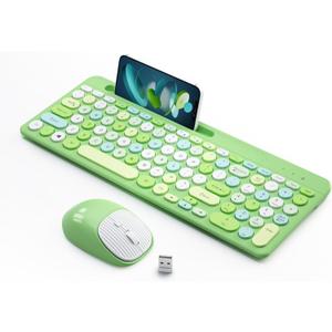 Retro Wireless Keyboard and Mouse Combo, Full-Size USB Keyboard with Round Keycaps, 2.4GHz Wireless for Desktop, Laptop and Computer (Green-Colorful)