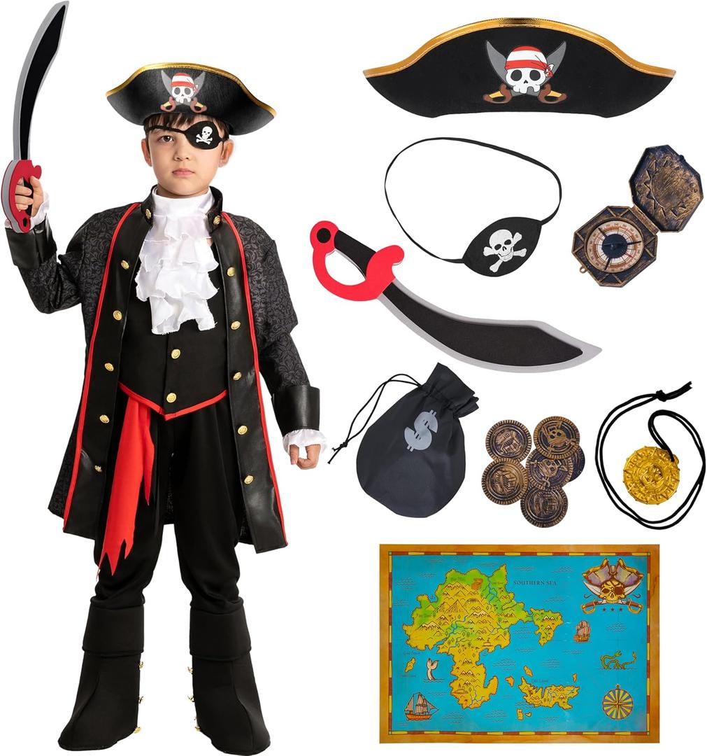 Spooktacular Creations Halloween Pirate Costume for Kids, Boy Captain Pirate Costume for Trick or Treat Themed Party (Medium (8-10yr), Black)