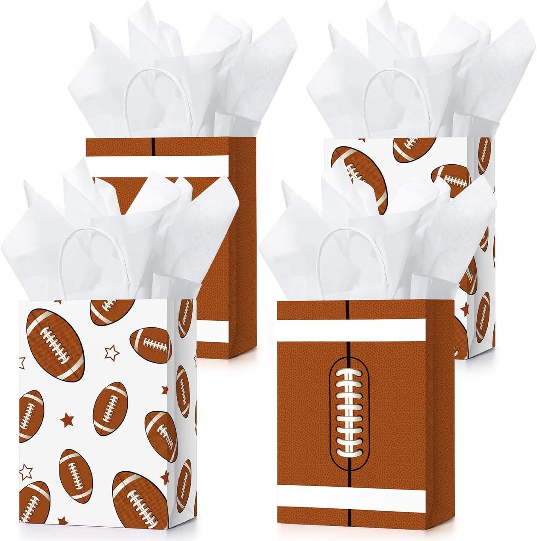 16 Pcs Sports Party Gift Bags with Tissue Paper Baseball Football Soccer Basketball Gift Goodie Favor Bags with Handle for Baseball Theme Party Girls Boys Birthday Decoration (Dark Brown, Football)