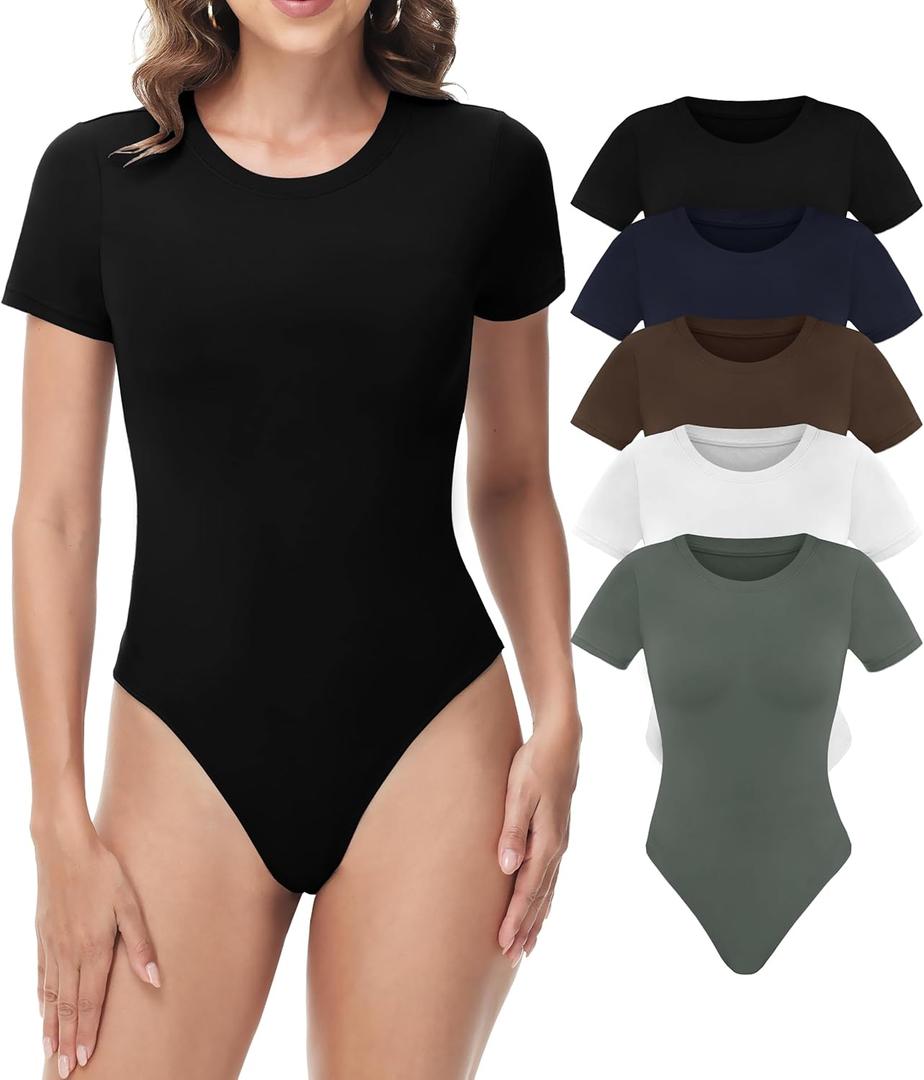 Sundwudu 5 Pack Body suits for Women - Stretchy Bodysuit Womens Tops Round Neck T Shirts for Women (X-Large, A-black/Brown/White/Olive Green/Navy)