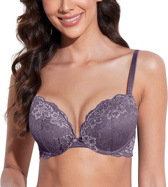 Deyllo Women’s Push Up Lace Bra Comfort Padded Underwire Bra Lift Up Add One Cup, 38C